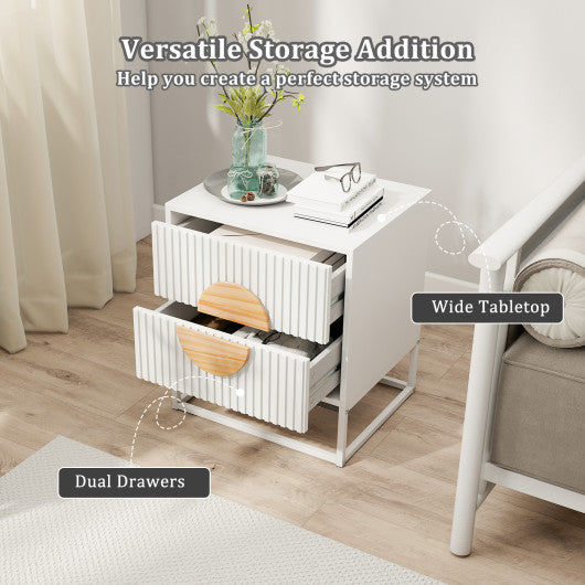 Modern Mid Century Fluted Nightstand with 2 Drawers and Pine Wood Handles for Bedroom-White