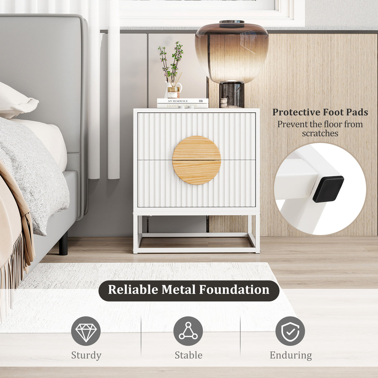 Modern Mid Century Fluted Nightstand with 2 Drawers and Pine Wood Handles for Bedroom-White