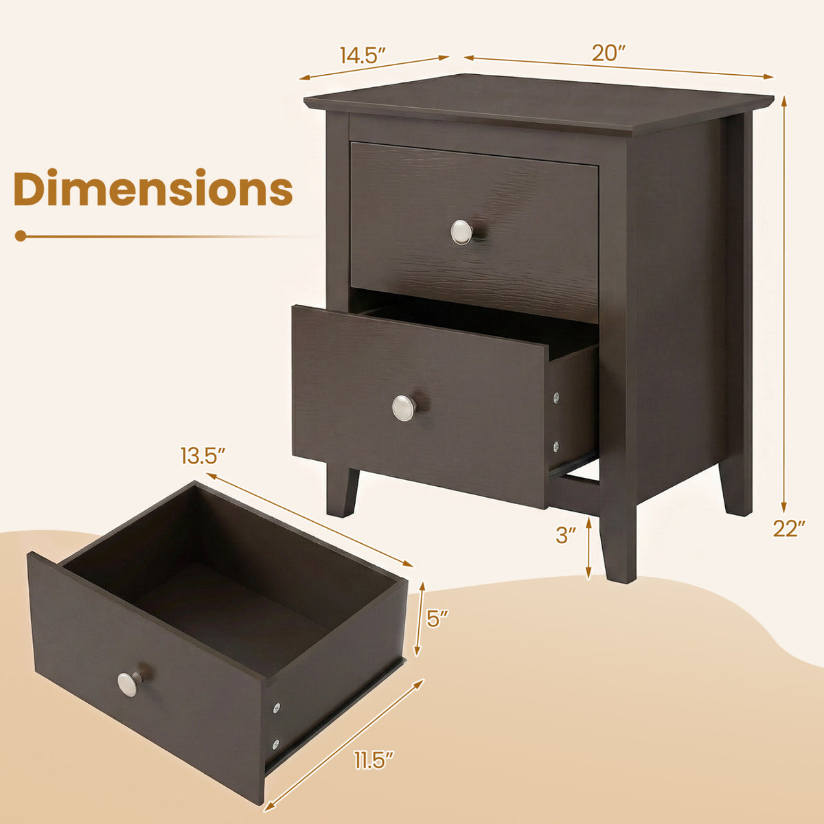 Modern Nightstand with 2 Drawers for Small Spaces-Brown