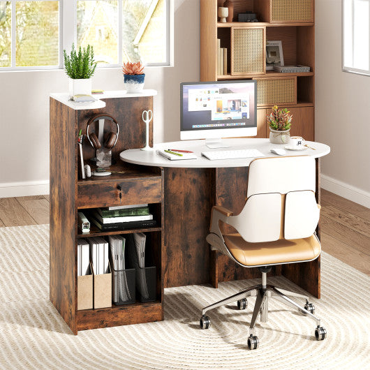 Modern Reception Desk Front Counter Desk with Oval Tabletop-Rustic Brown