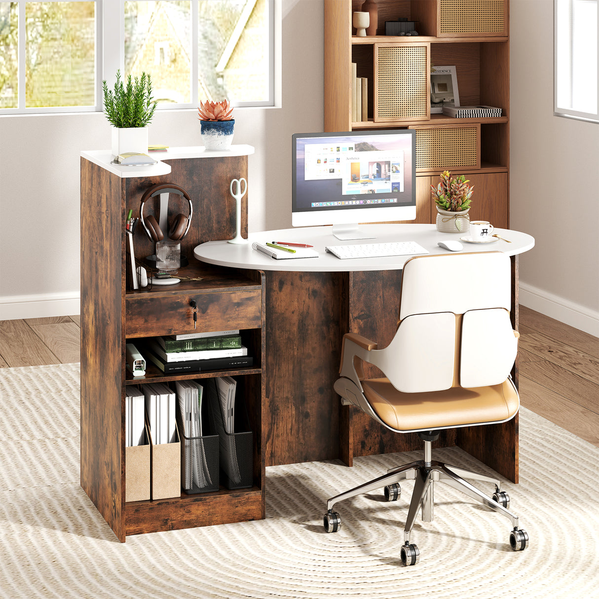 Modern Reception Desk Front Counter Desk with Oval Tabletop-Rustic Brown
