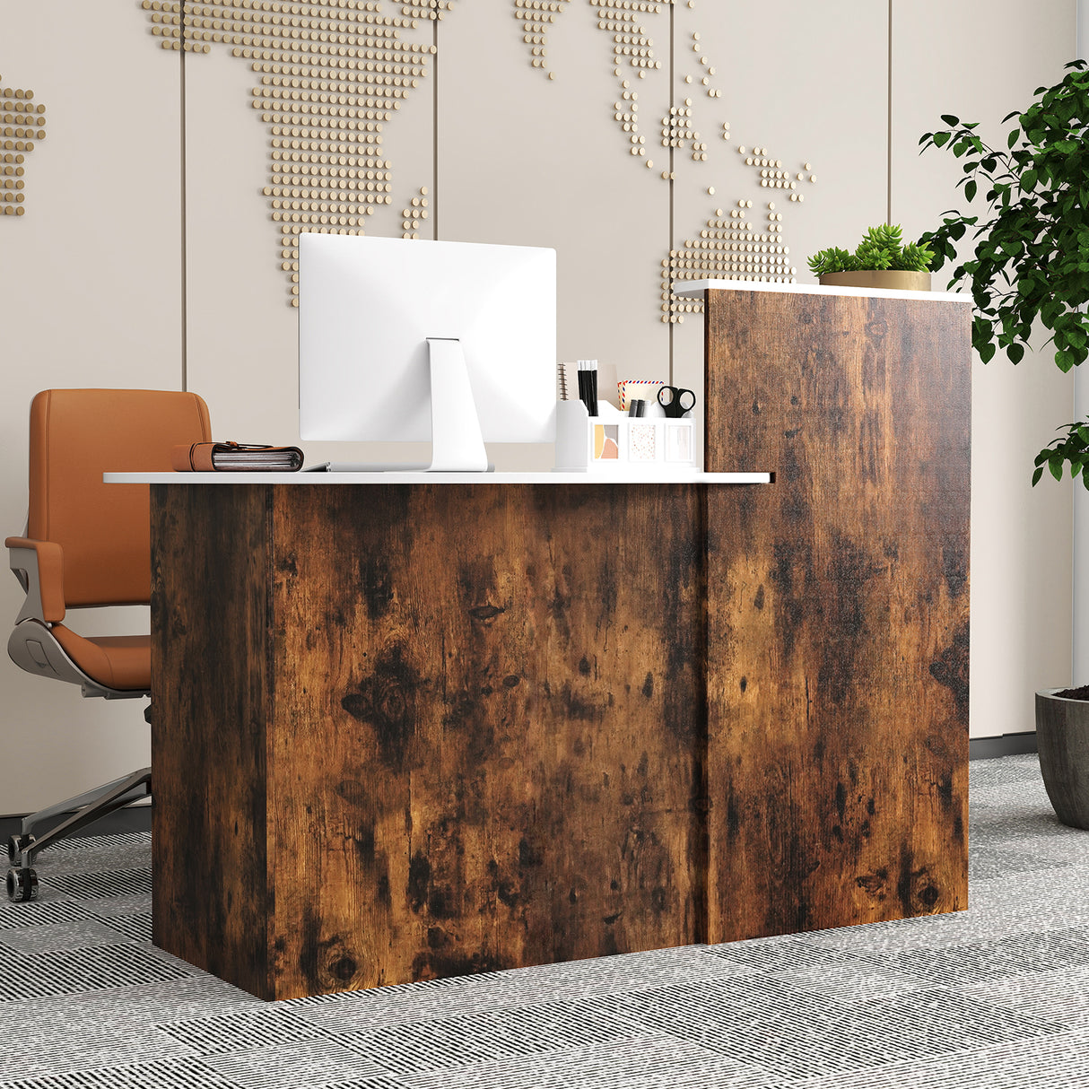 Modern Reception Desk Front Counter Desk with Oval Tabletop-Rustic Brown