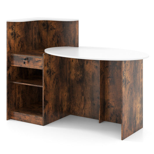 Modern Reception Desk Front Counter Desk with Oval Tabletop-Rustic Brown