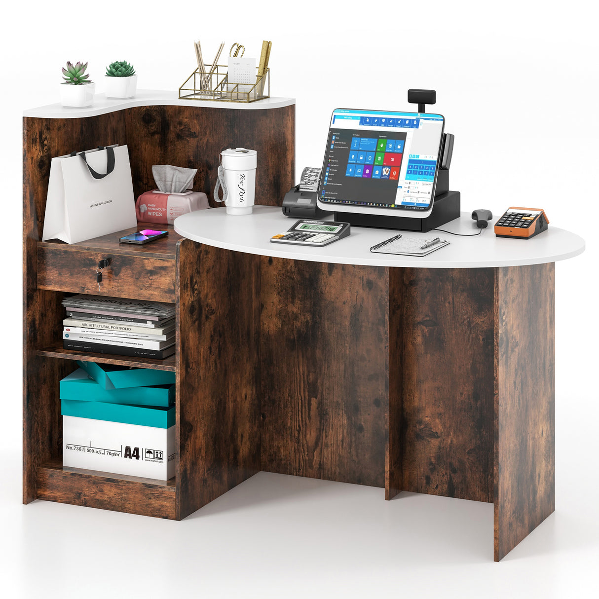 Modern Reception Desk Front Counter Desk with Oval Tabletop-Rustic Brown