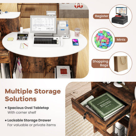 Modern Reception Desk Front Counter Desk with Oval Tabletop-Rustic Brown