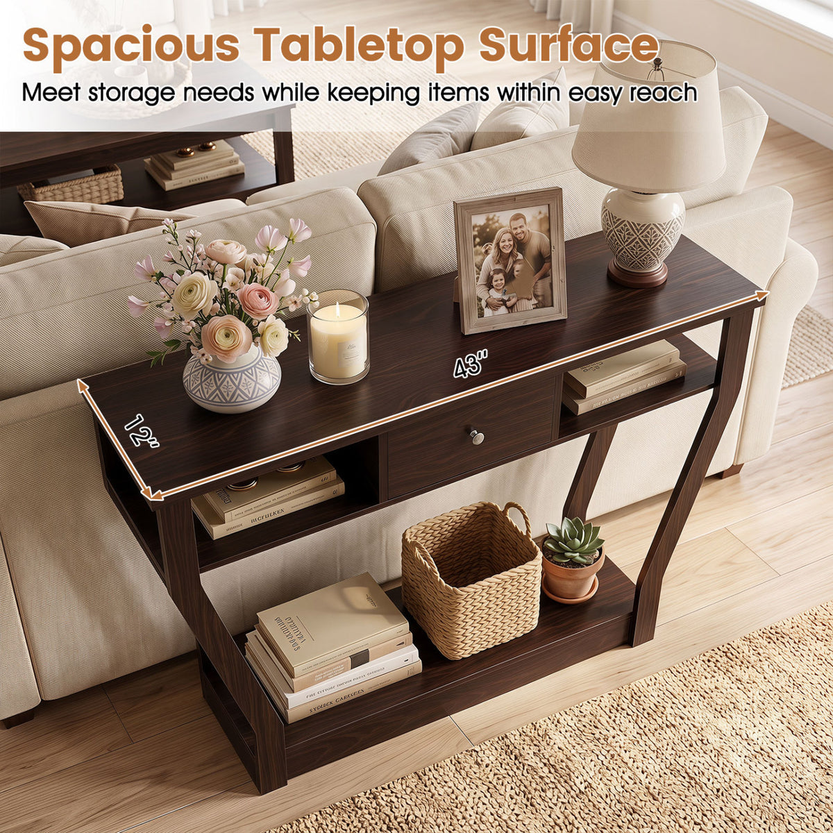 Modern Sofa Accent Table with Drawer-Brown