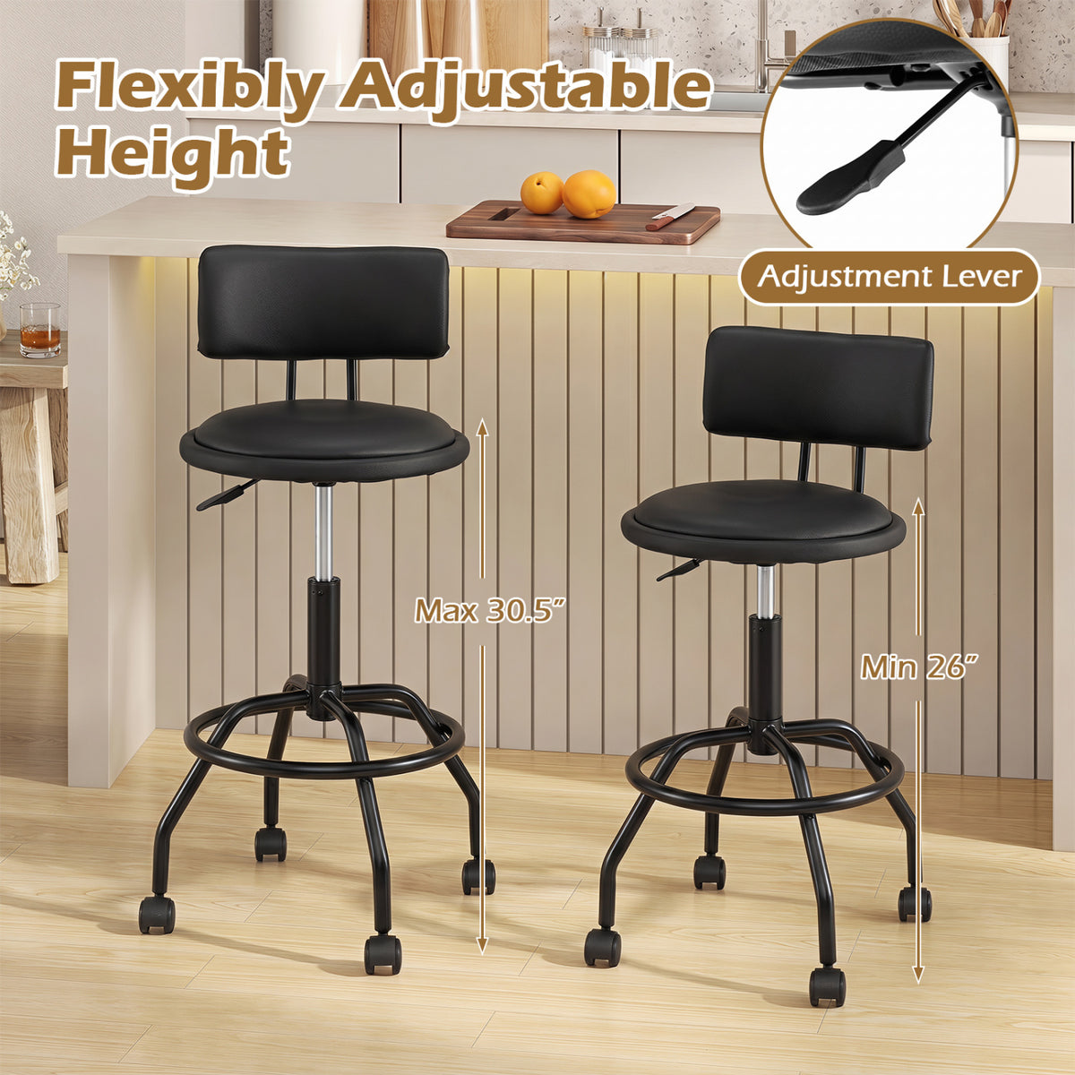 Modern Swivel Height Adjustable Bar Stool with Backrest-Black