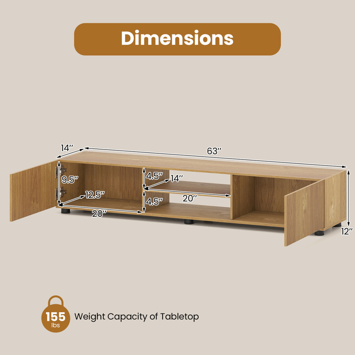 Modern TV Stand for up to 70" TVs Minimalist Entertainment Center with 2 Doors and Open Shelves-Natural