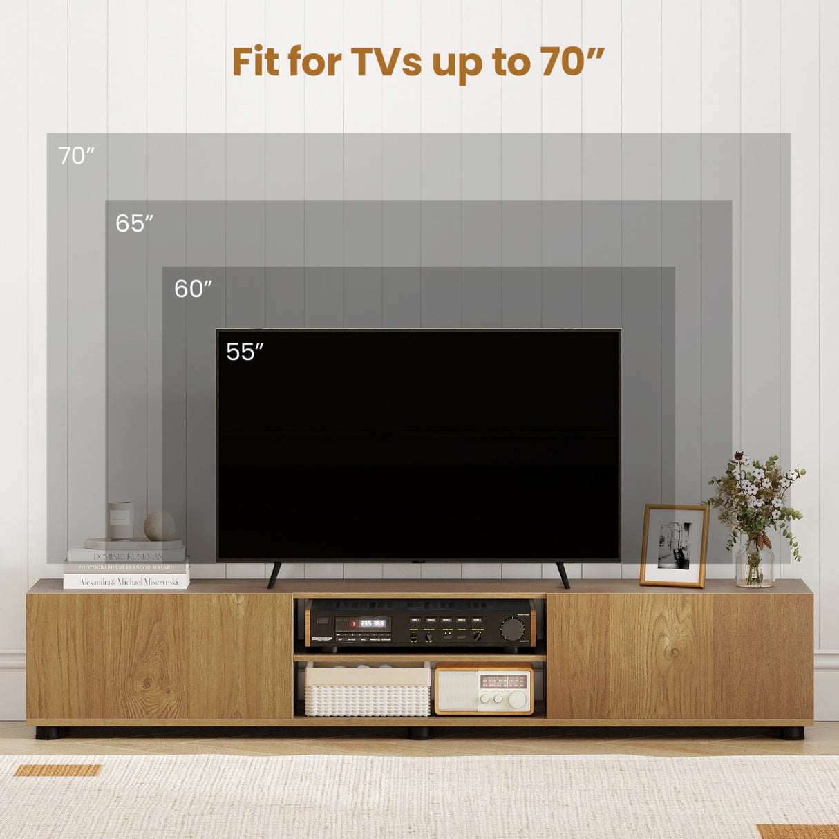 Modern TV Stand for up to 70" TVs Minimalist Entertainment Center with 2 Doors and Open Shelves-Natural