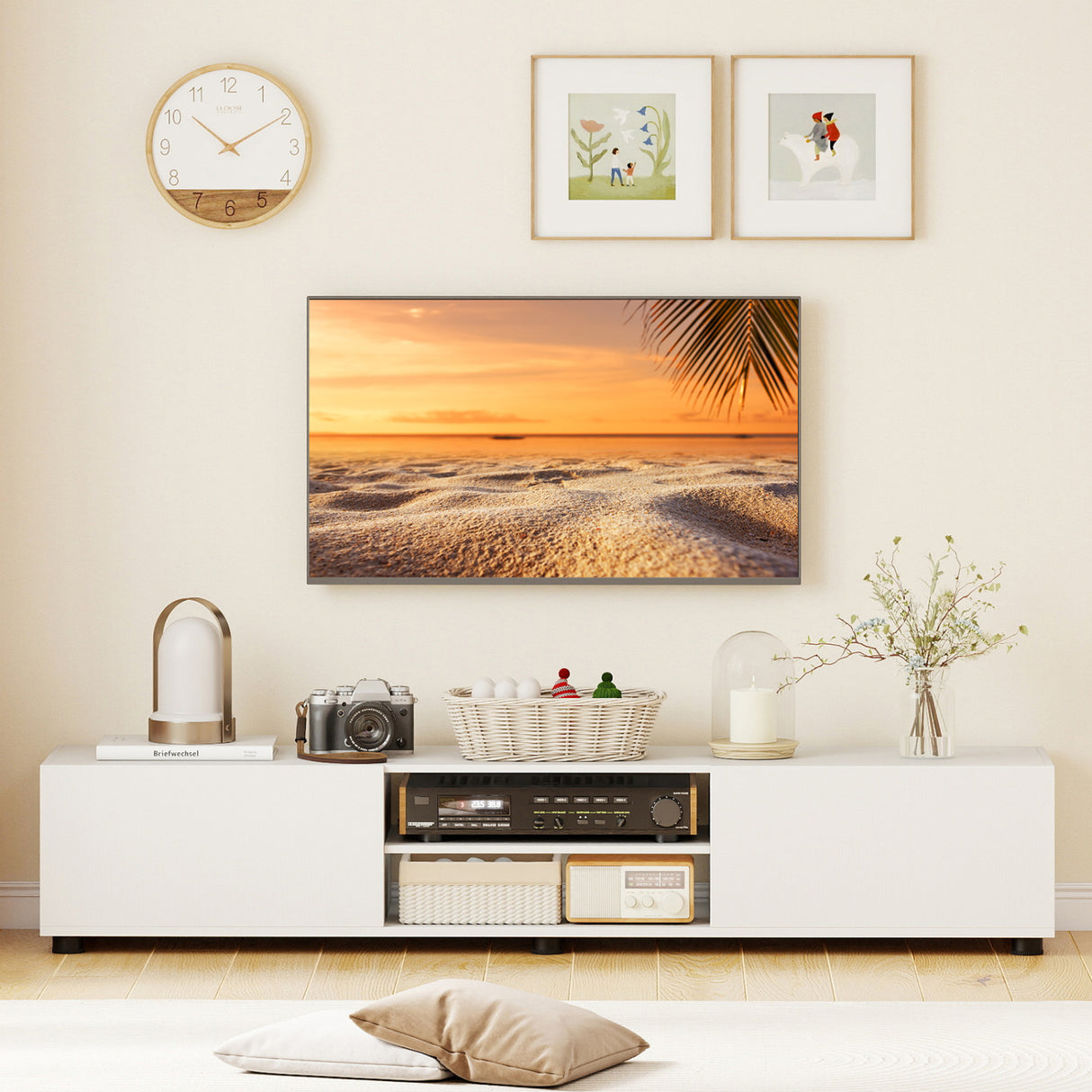 Modern TV Stand for up to 70" TVs Minimalist Entertainment Center with 2 Doors and Open Shelves-White