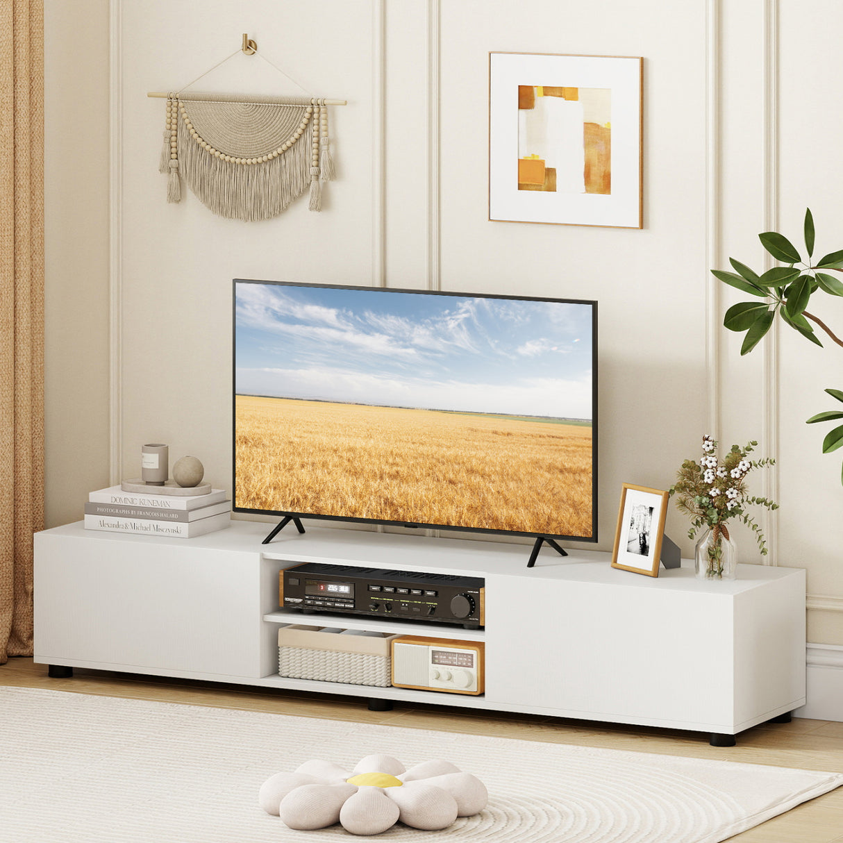 Modern TV Stand for up to 70" TVs Minimalist Entertainment Center with 2 Doors and Open Shelves-White