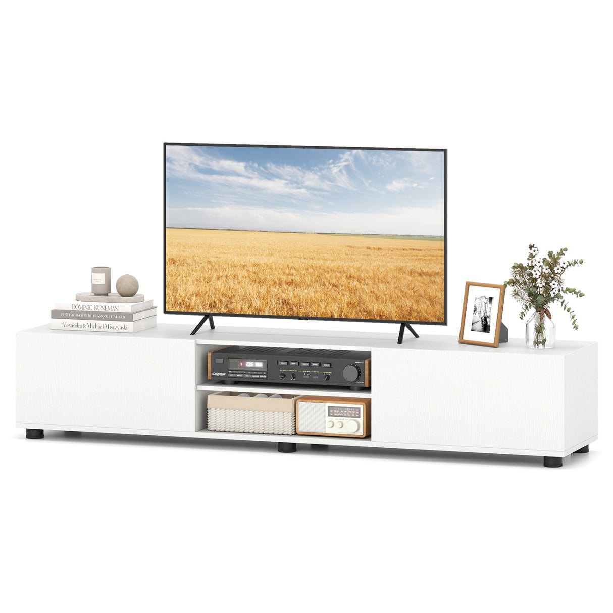 Modern TV Stand for up to 70" TVs Minimalist Entertainment Center with 2 Doors and Open Shelves-White