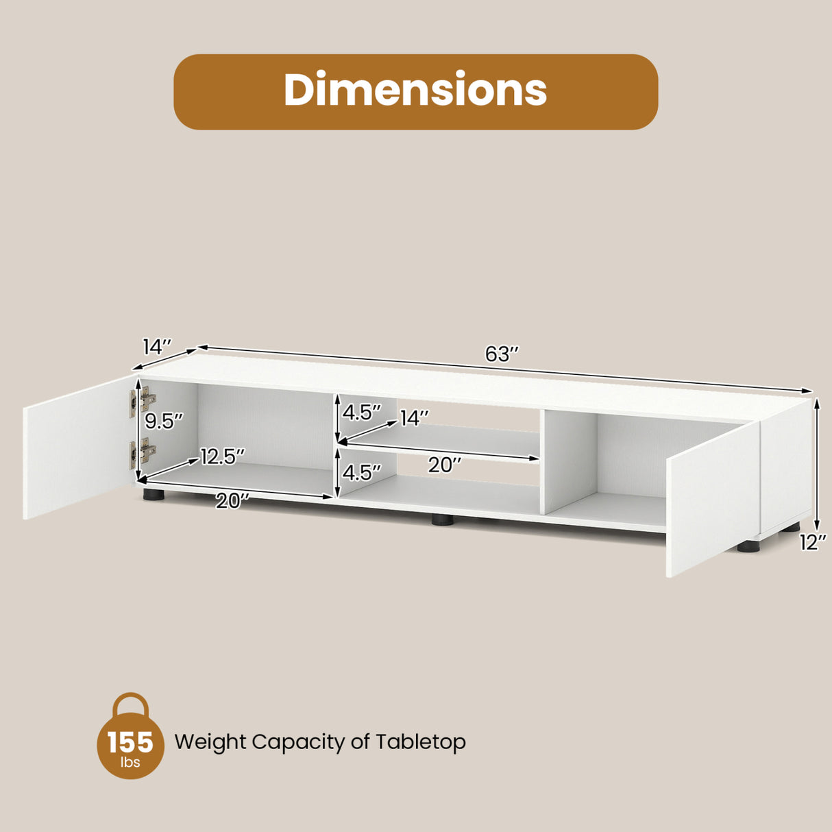 Modern TV Stand for up to 70" TVs Minimalist Entertainment Center with 2 Doors and Open Shelves-White