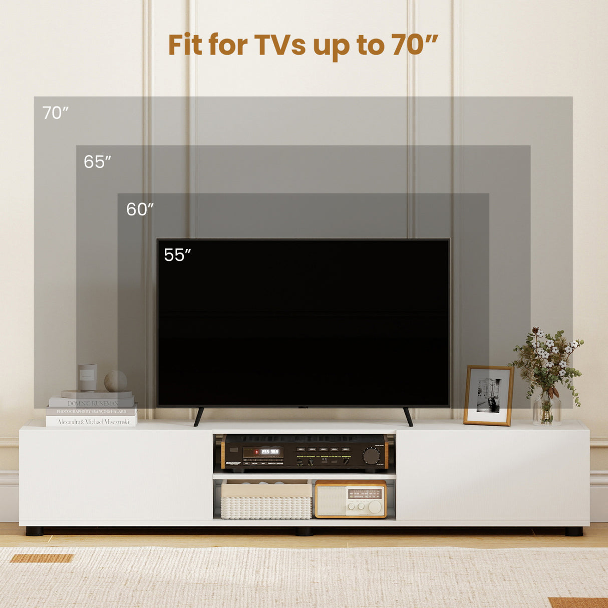 Modern TV Stand for up to 70" TVs Minimalist Entertainment Center with 2 Doors and Open Shelves-White