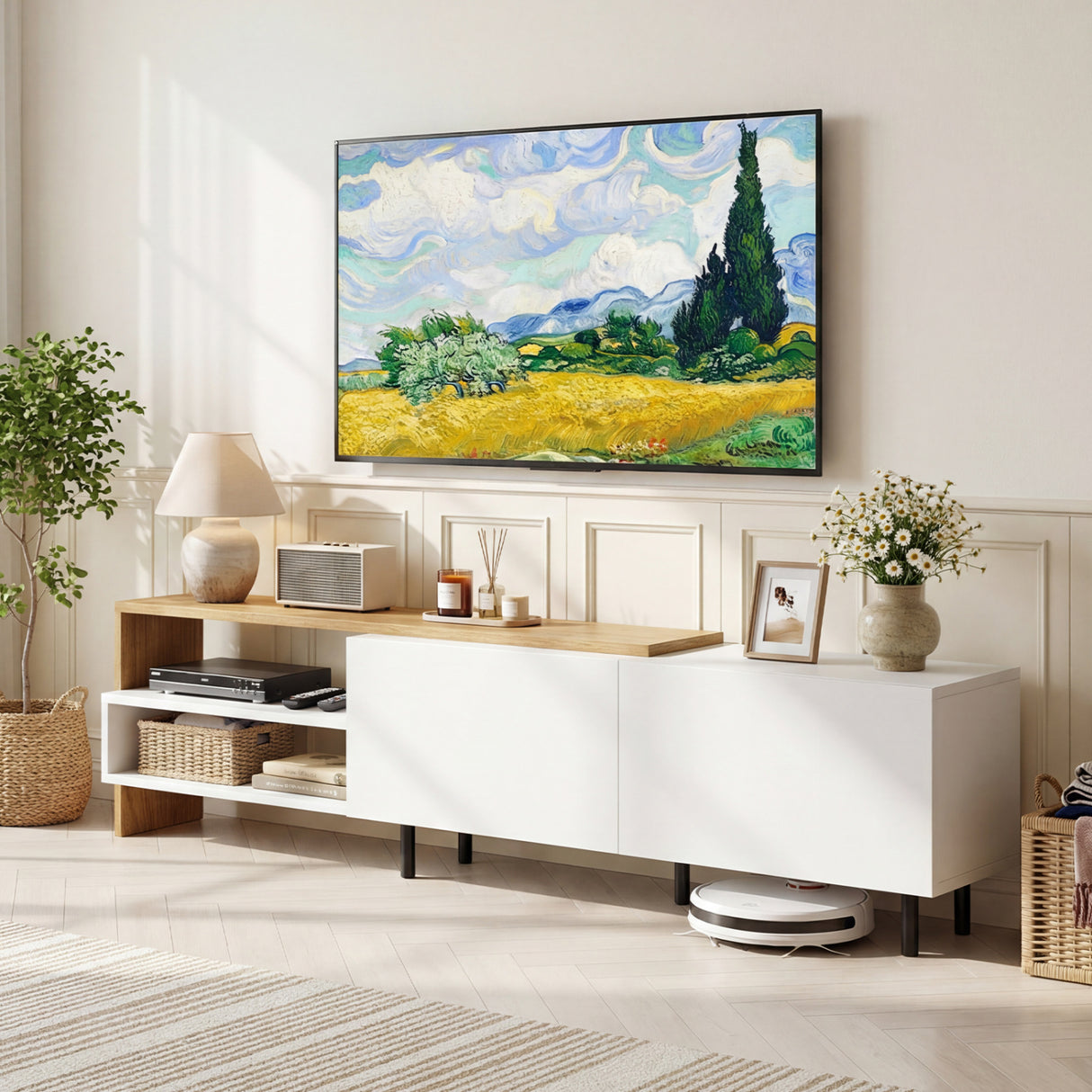 Modern TV Stand for 80 Inches TVs with Storage Shelves and Cabinets-White