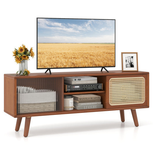 Modern TV Stand with Rattan Glass Sliding Doors-Brown