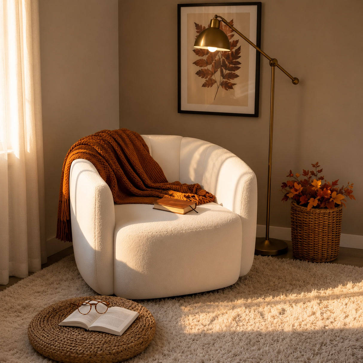 Modern Upholstered Sherpa Accent Chair with Curved Backrest and Armrests-White