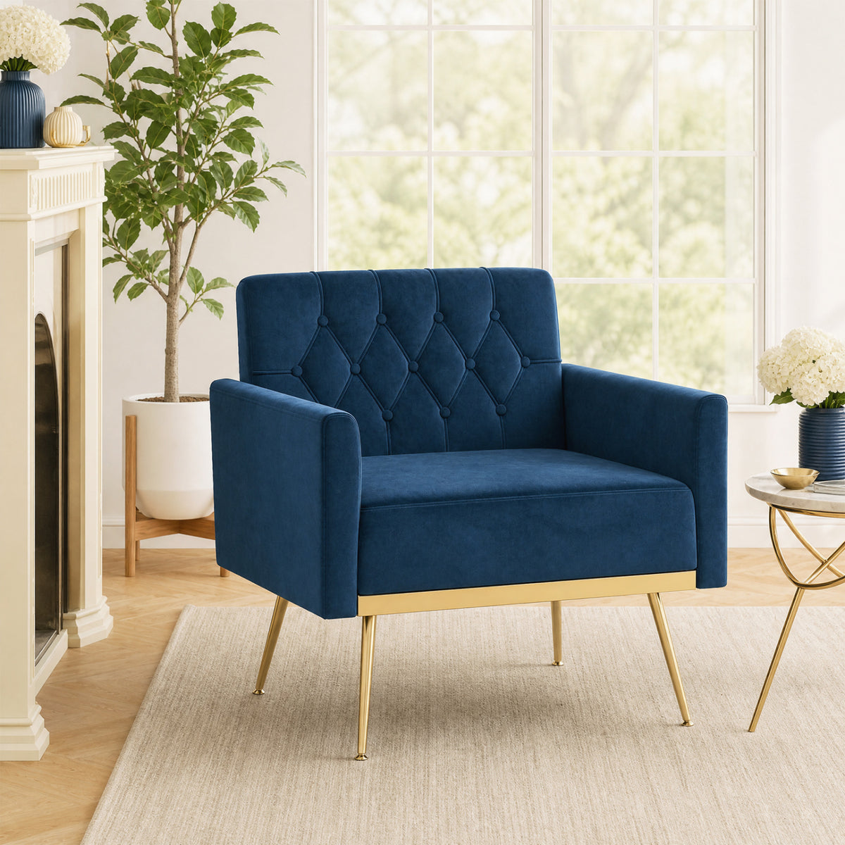 Modern Velvet Upholstered Accent Chair with Button-Tufted Back and Adjustable Feet-Blue