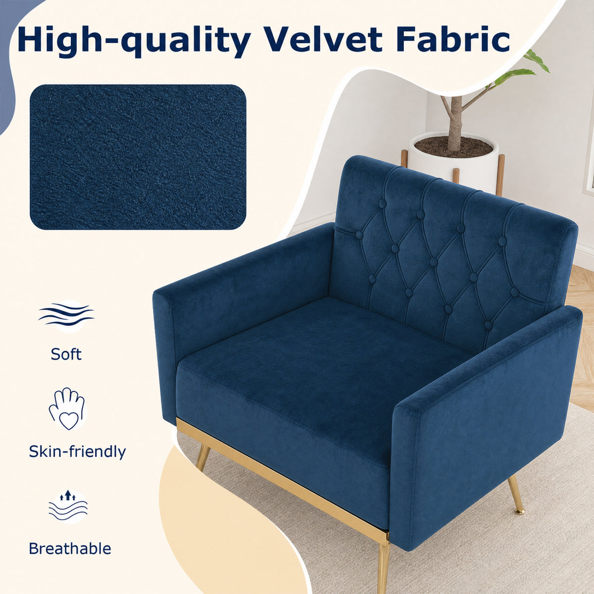 Modern Velvet Upholstered Accent Chair with Button-Tufted Back and Adjustable Feet-Blue