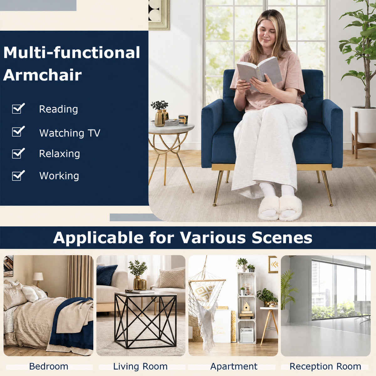 Modern Velvet Upholstered Accent Chair with Button-Tufted Back and Adjustable Feet-Blue