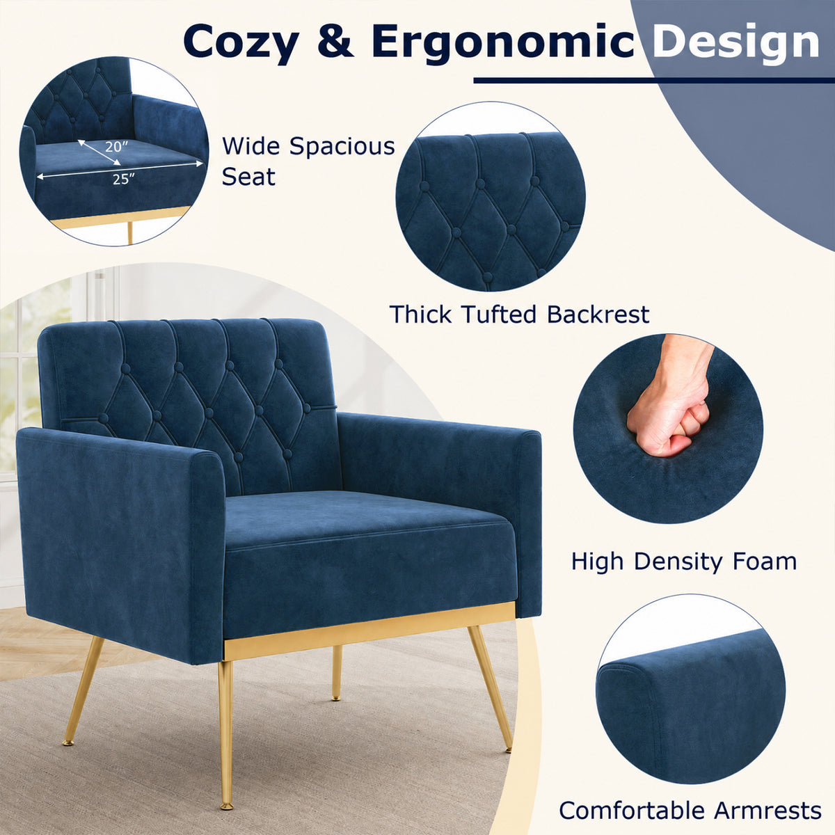 Modern Velvet Upholstered Accent Chair with Button-Tufted Back and Adjustable Feet-Blue