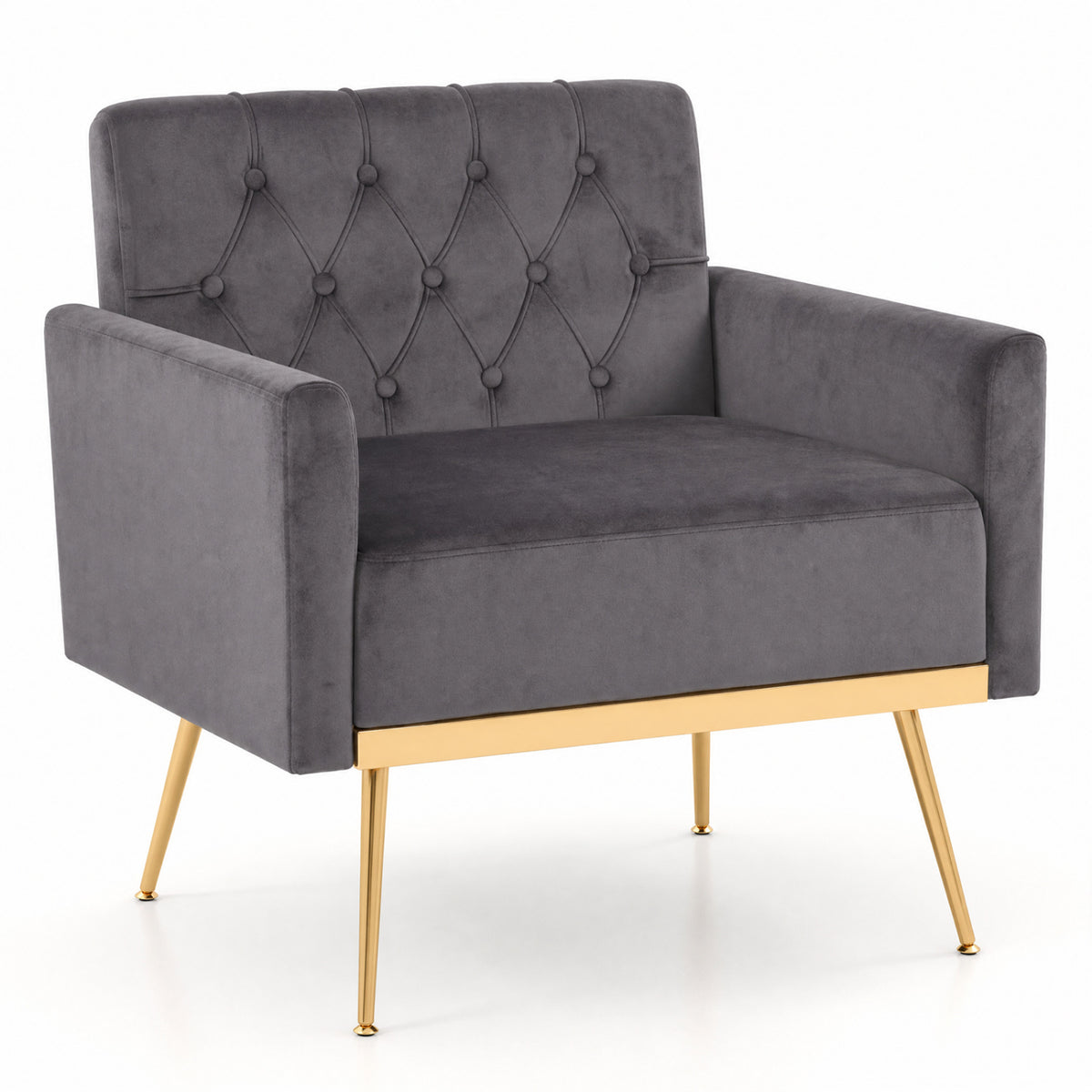 Modern Velvet Upholstered Accent Chair with Button-Tufted Back and Adjustable Feet-Gray