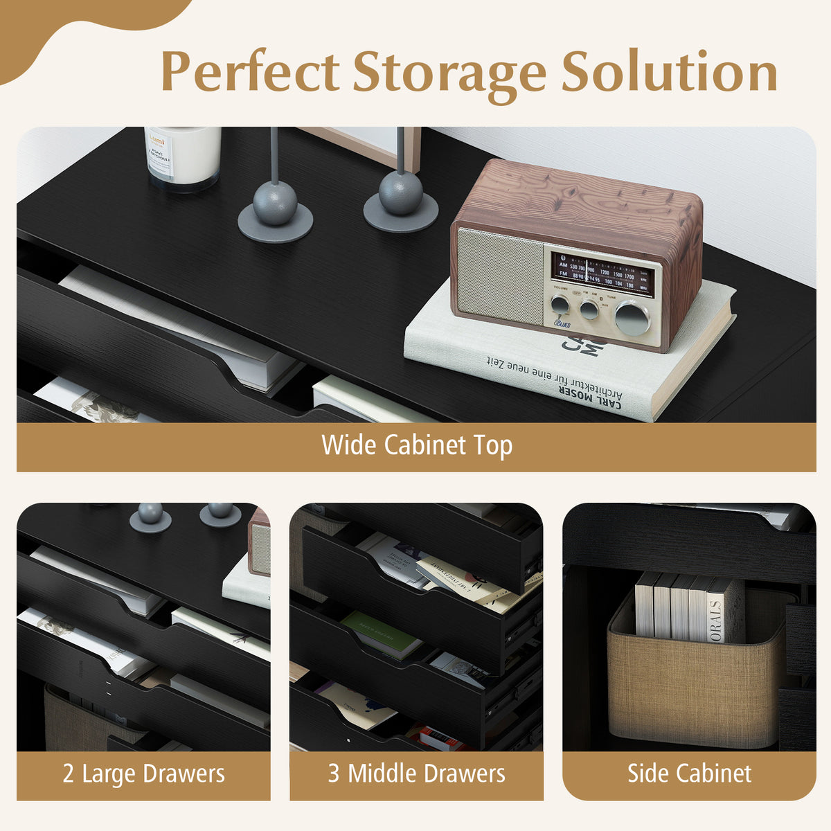 Modern Vertical 5-Drawer Mobile Chest with Door 5 Casters-Black