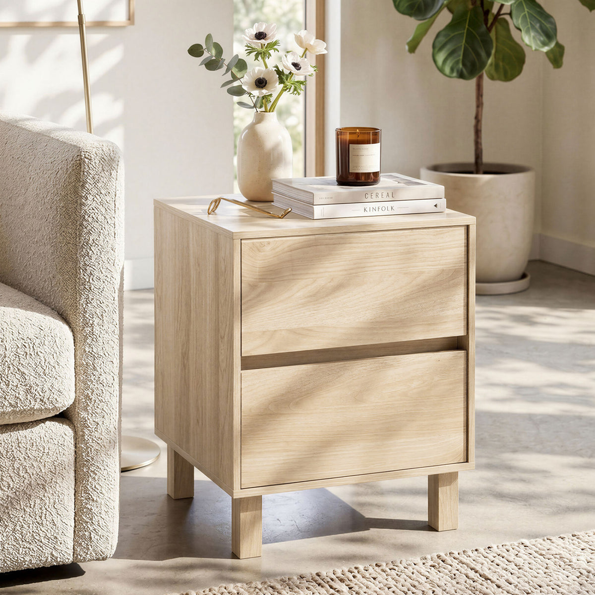 Modern WoodenEnd Table with 2 Storage Drawers-Natural