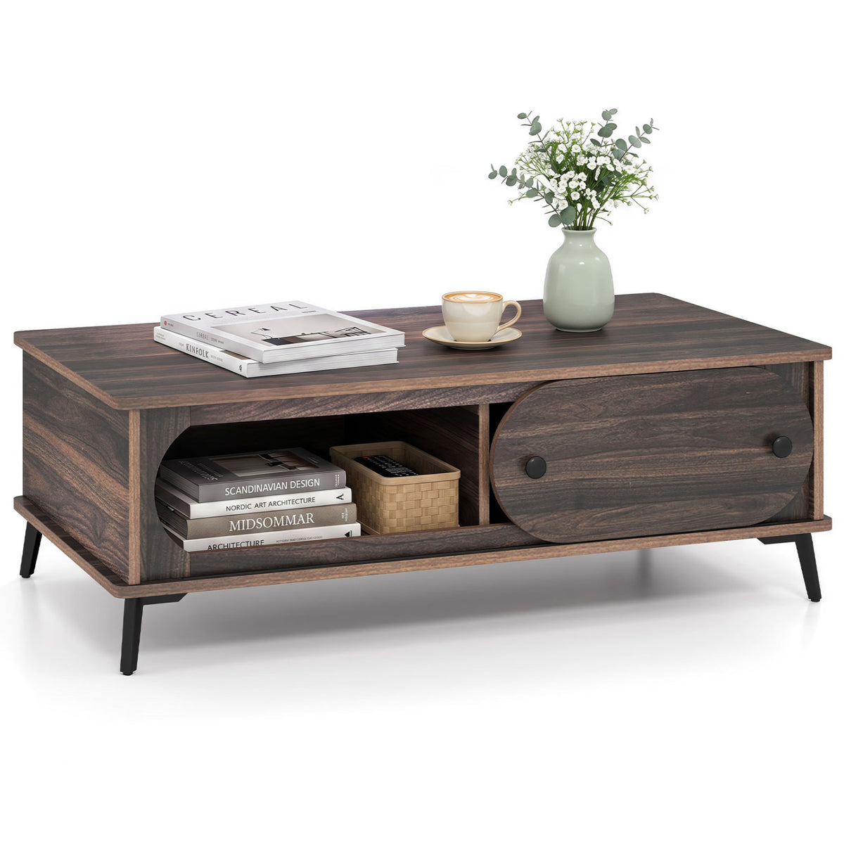 Modern Wooden Center Table with 2 Compartments and Sturdy Metal Legs for Living Room-Walnut