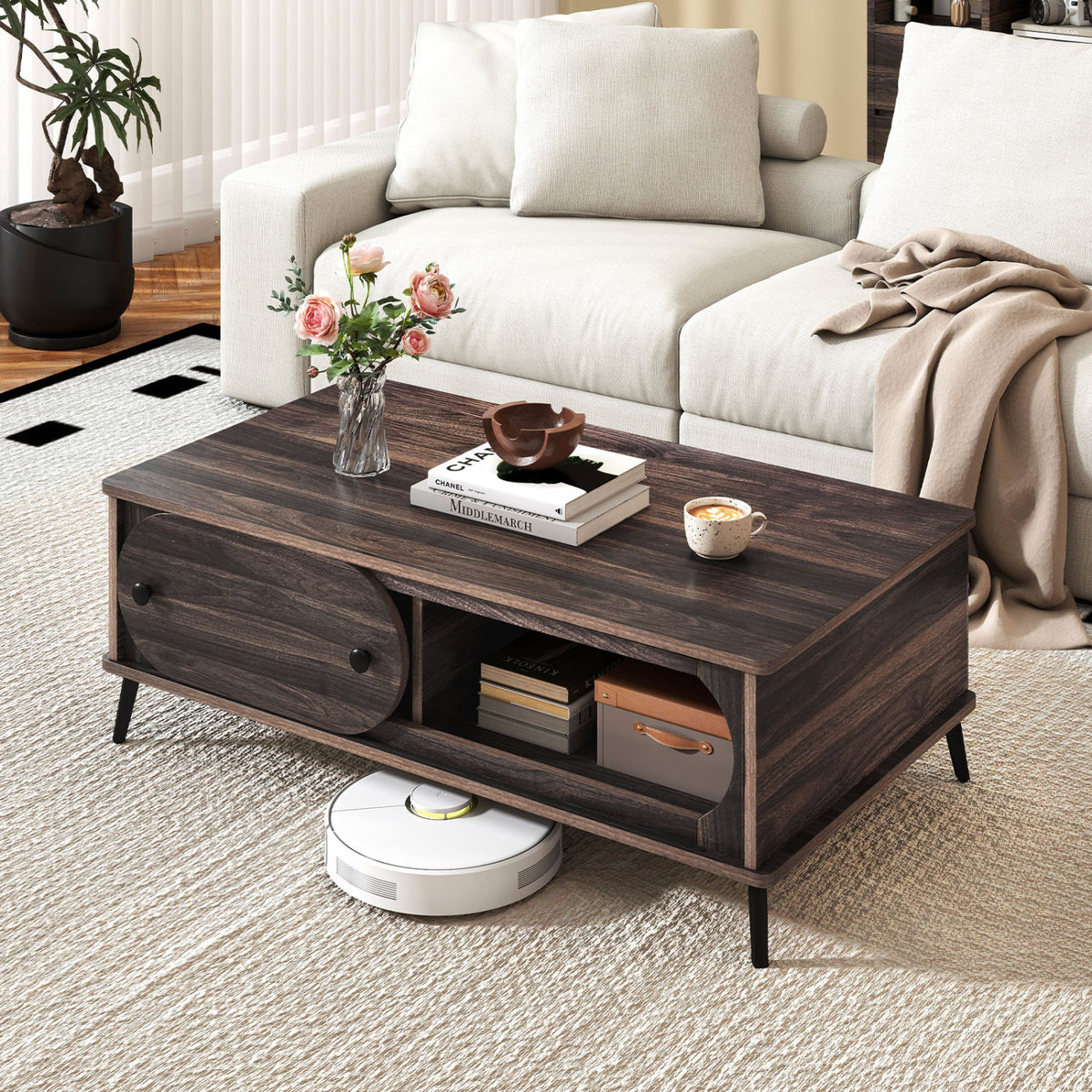 Modern Wooden Center Table with 2 Compartments and Sturdy Metal Legs for Living Room-Walnut