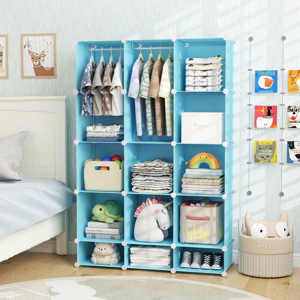 Modular Baby Wardrobe with 13 Cubes and Hanging Rod and Shelves Stackable-Blue