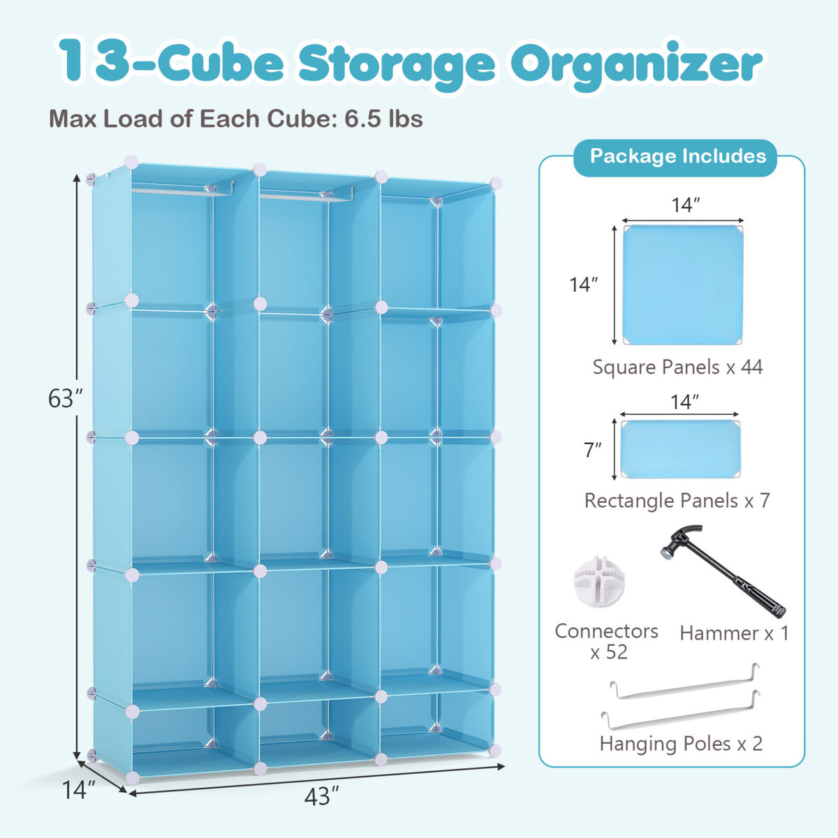 Modular Baby Wardrobe with 13 Cubes and Hanging Rod and Shelves Stackable-Blue
