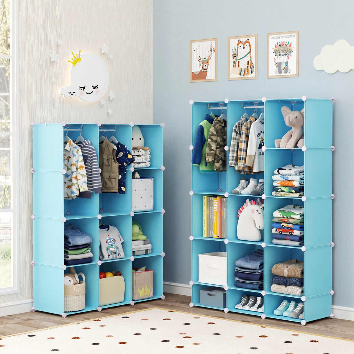 Modular Baby Wardrobe with 13 Cubes and Hanging Rod and Shelves Stackable-Blue