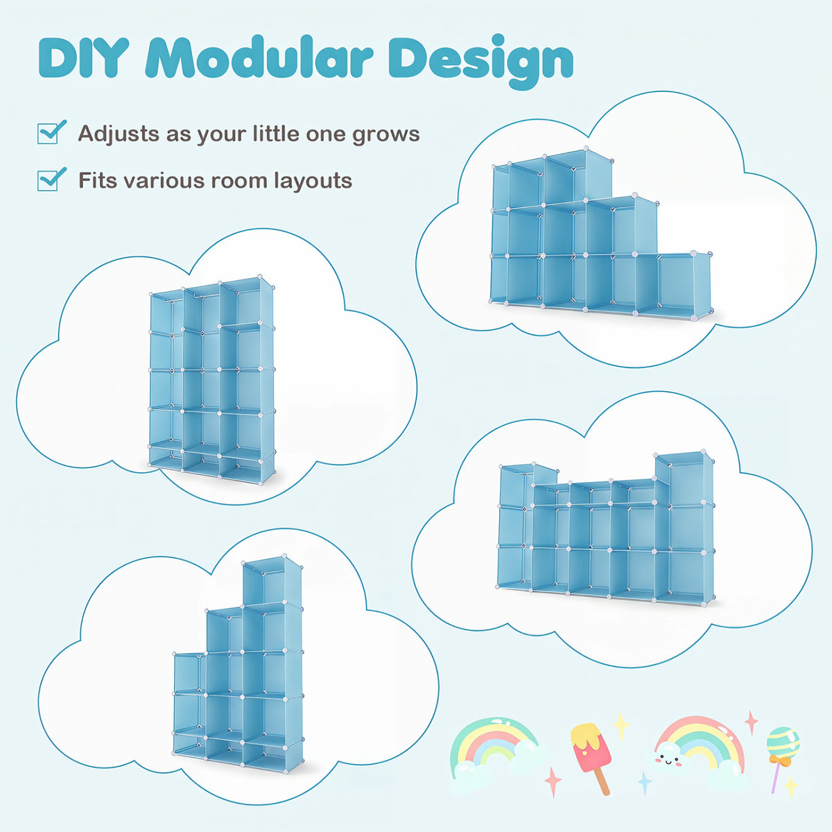 Modular Baby Wardrobe with 13 Cubes and Hanging Rod and Shelves Stackable-Blue