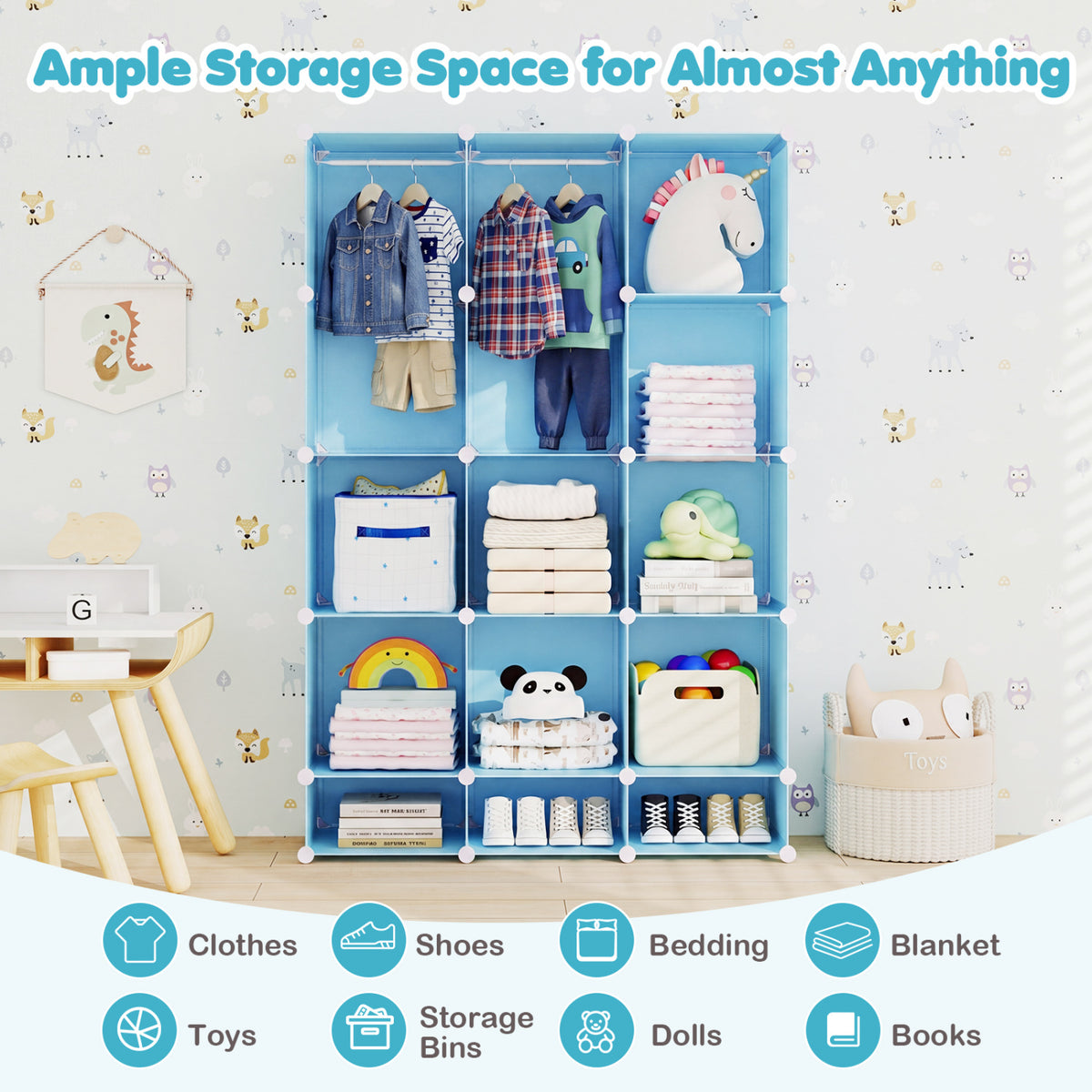 Modular Baby Wardrobe with 13 Cubes and Hanging Rod and Shelves Stackable-Blue