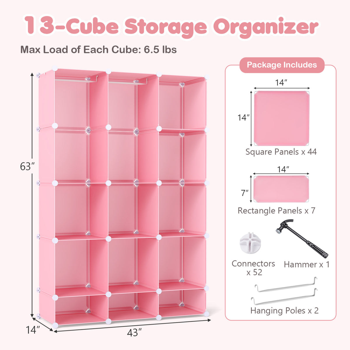 Modular Baby Wardrobe with 13 Cubes and Hanging Rod and Shelves Stackable-Pink