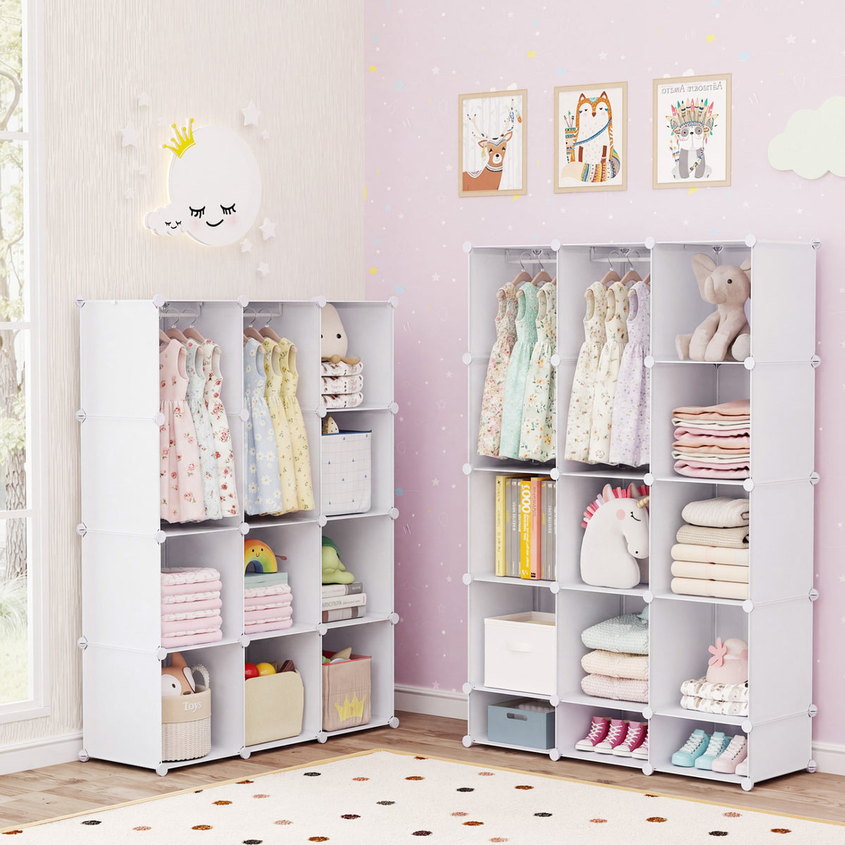 Modular Baby Wardrobe with 13 Cubes and Hanging Rod and Shelves Stackable-White