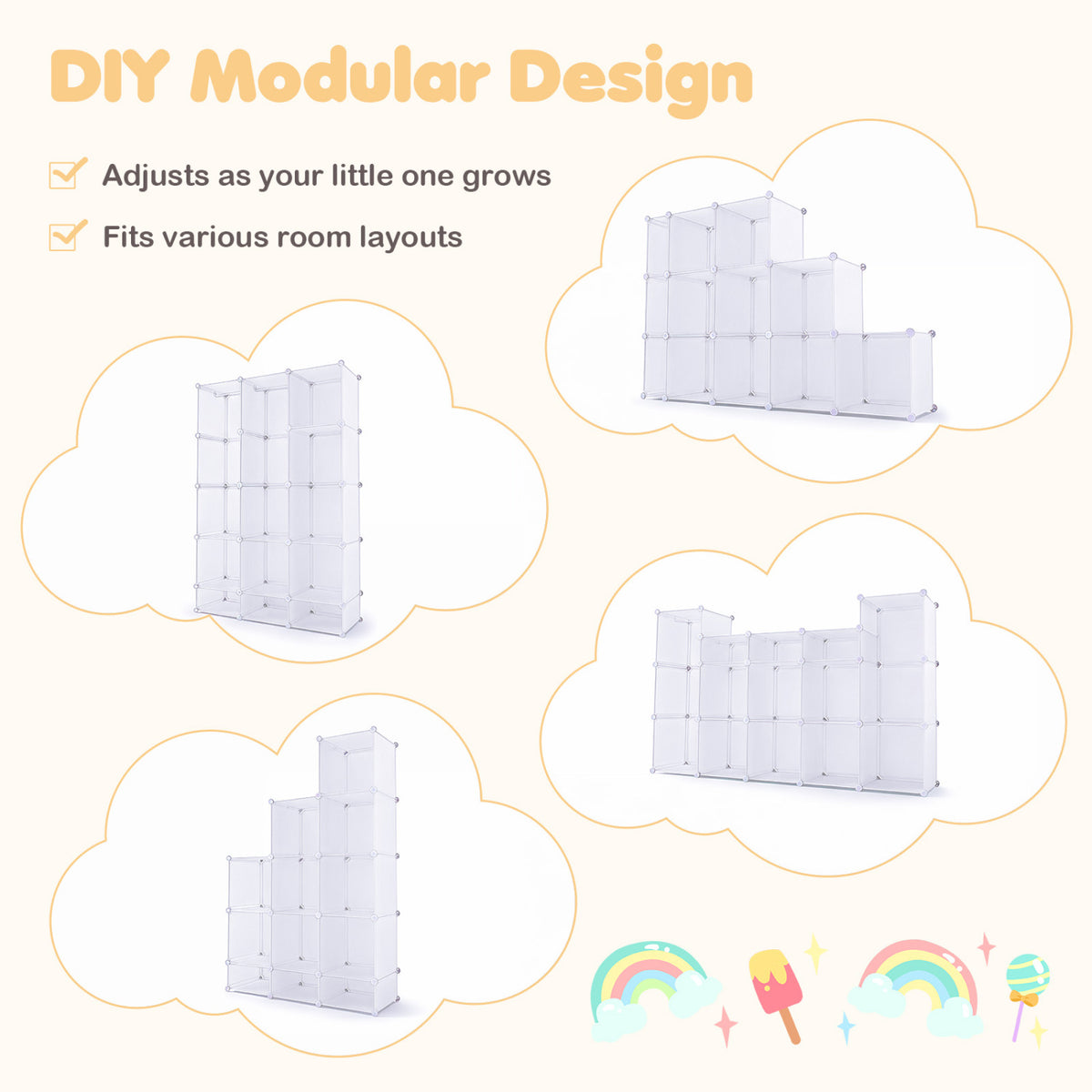 Modular Baby Wardrobe with 13 Cubes and Hanging Rod and Shelves Stackable-White