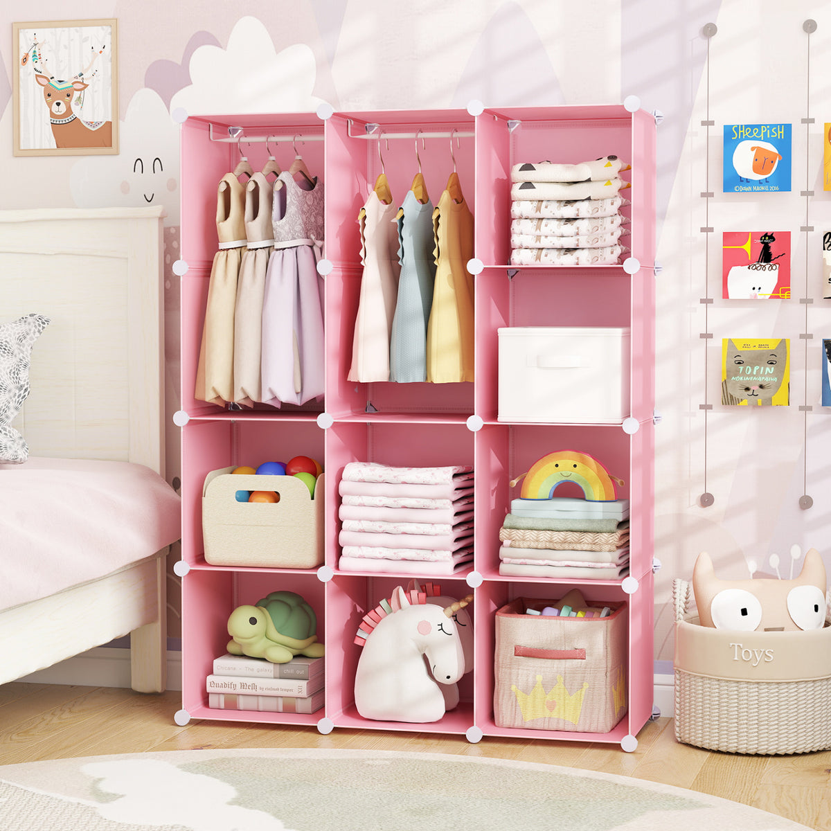 Modular Baby Wardrobe with 10 Cubes & Hanging Rod and Shelves Stackable-Pink