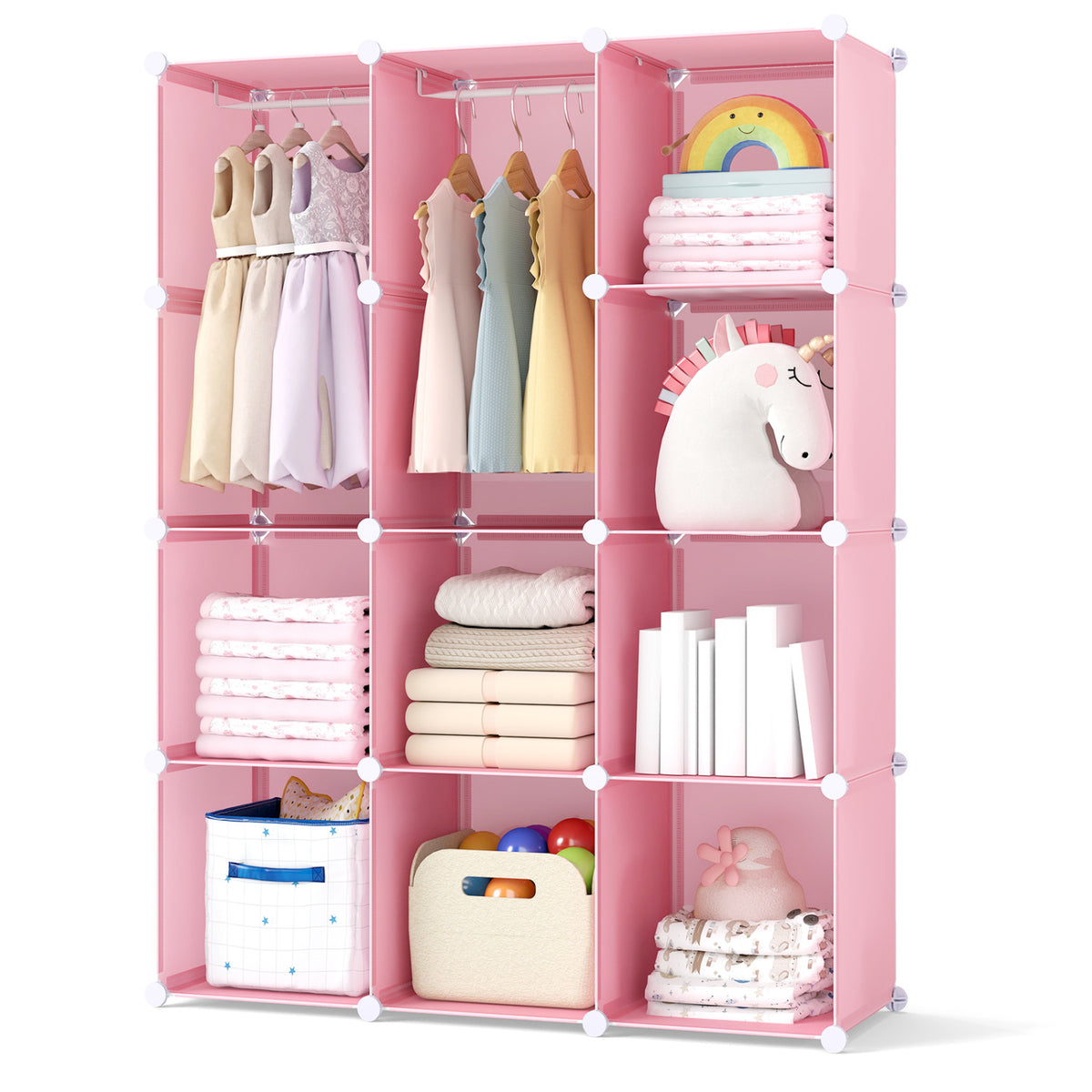 Modular Baby Wardrobe with 10 Cubes & Hanging Rod and Shelves Stackable-Pink