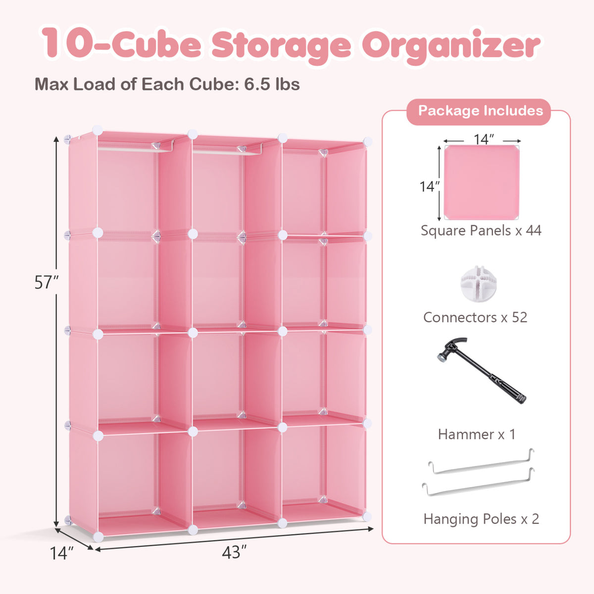 Modular Baby Wardrobe with 10 Cubes & Hanging Rod and Shelves Stackable-Pink