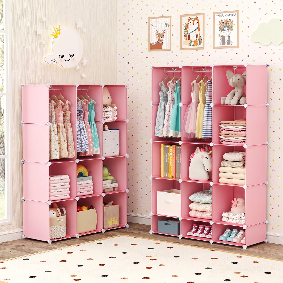 Modular Baby Wardrobe with 10 Cubes & Hanging Rod and Shelves Stackable-Pink