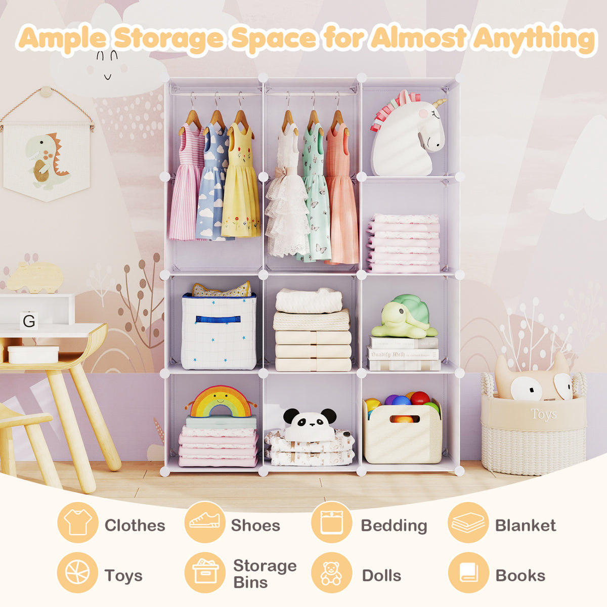Modular Baby Wardrobe with 10 Cubes & Hanging Rod and Shelves Stackable-White