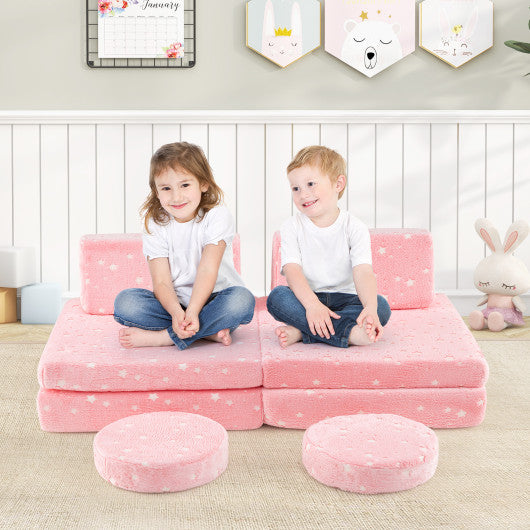 Modular Kids Play Couch Set Glow in the Dark with Portable Handles-Pink