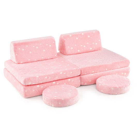 Modular Kids Play Couch Set Glow in the Dark with Portable Handles-Pink