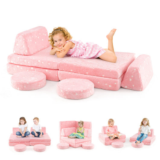Modular Kids Play Couch Set Glow in the Dark with Portable Handles-Pink