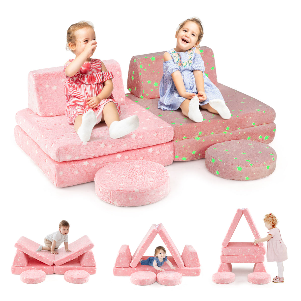 Modular Kids Play Couch Set Glow in the Dark with Portable Handles-Pink