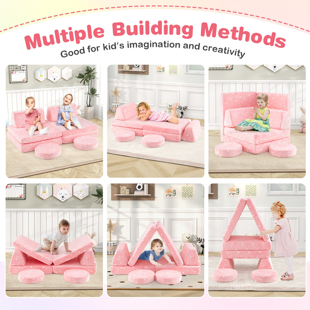 Modular Kids Play Couch Set Glow in the Dark with Portable Handles-Pink
