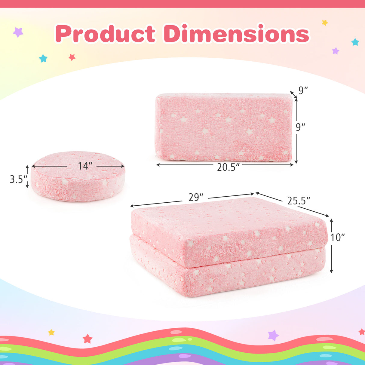 Modular Kids Play Couch Set Glow in the Dark with Portable Handles-Pink