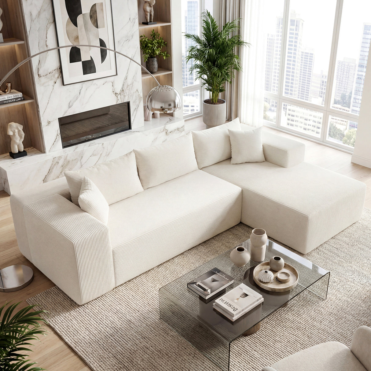 Modular Sectional Sofa Corduroy Upholstered L-shaped Sofa Couch with Deep Seats-Beige
